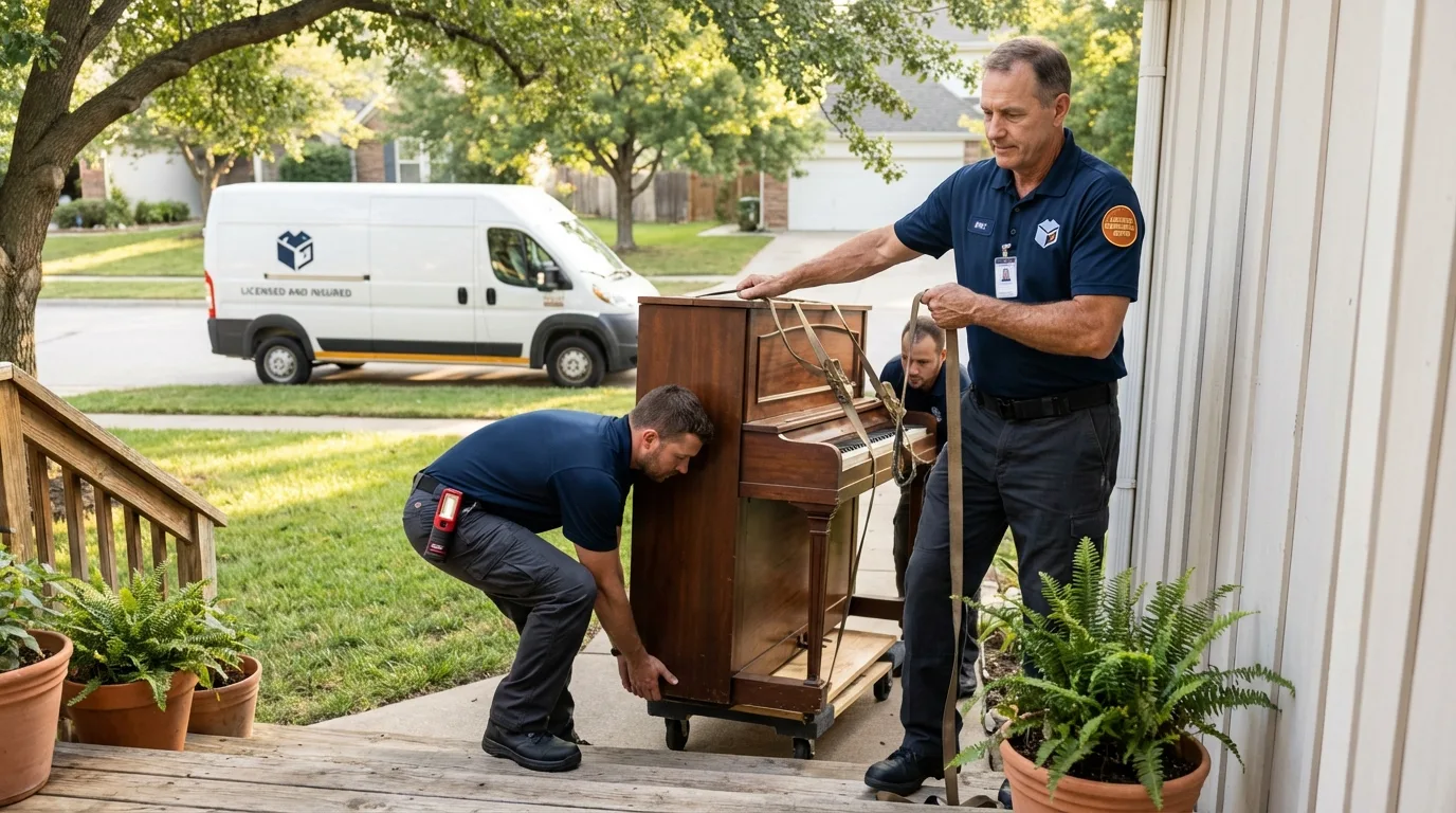 Licensed piano movers securing grand piano in Valley Cottage, NY