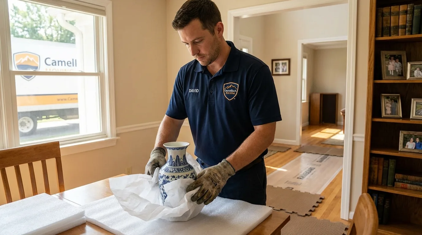 Professional crew carefully wrapping antique vase for senior downsizing move in Valley Cottage, NY